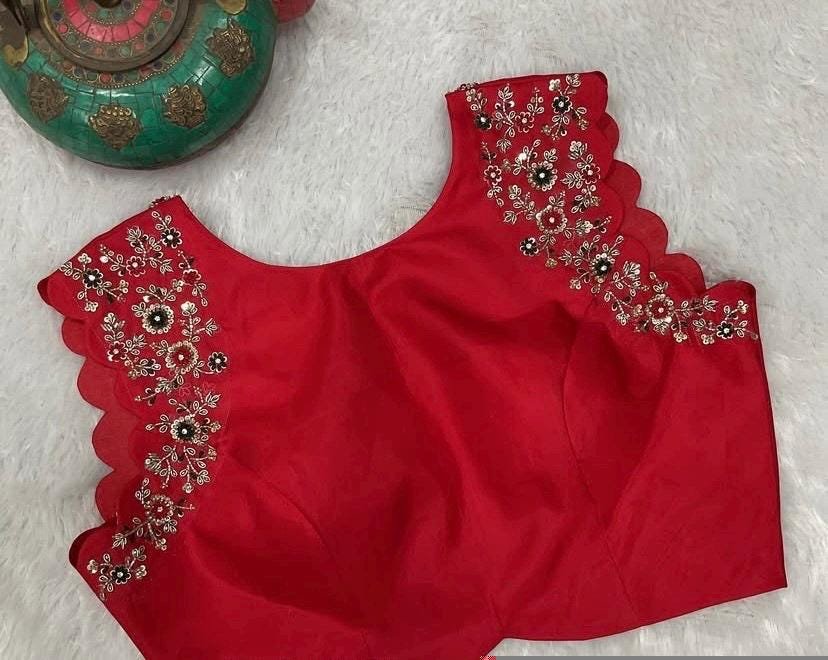 pure silk hand embroidery blouse /red maggam blouse/red raw silk zardosi blouse/hand embroidered blouse/red sleeveless ready made blouse usa