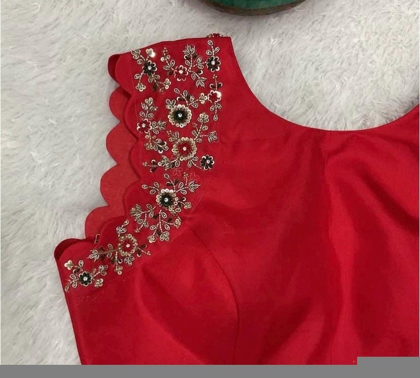 pure silk hand embroidery blouse /red maggam blouse/red raw silk zardosi blouse/hand embroidered blouse/red sleeveless ready made blouse usa
