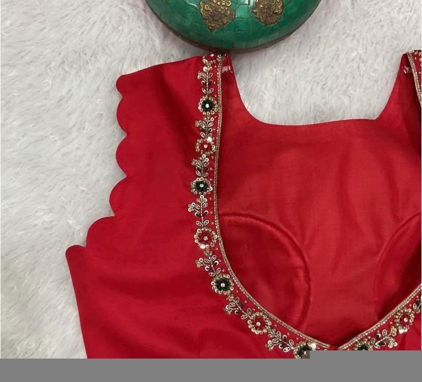 pure silk hand embroidery blouse /red maggam blouse/red raw silk zardosi blouse/hand embroidered blouse/red sleeveless ready made blouse usa