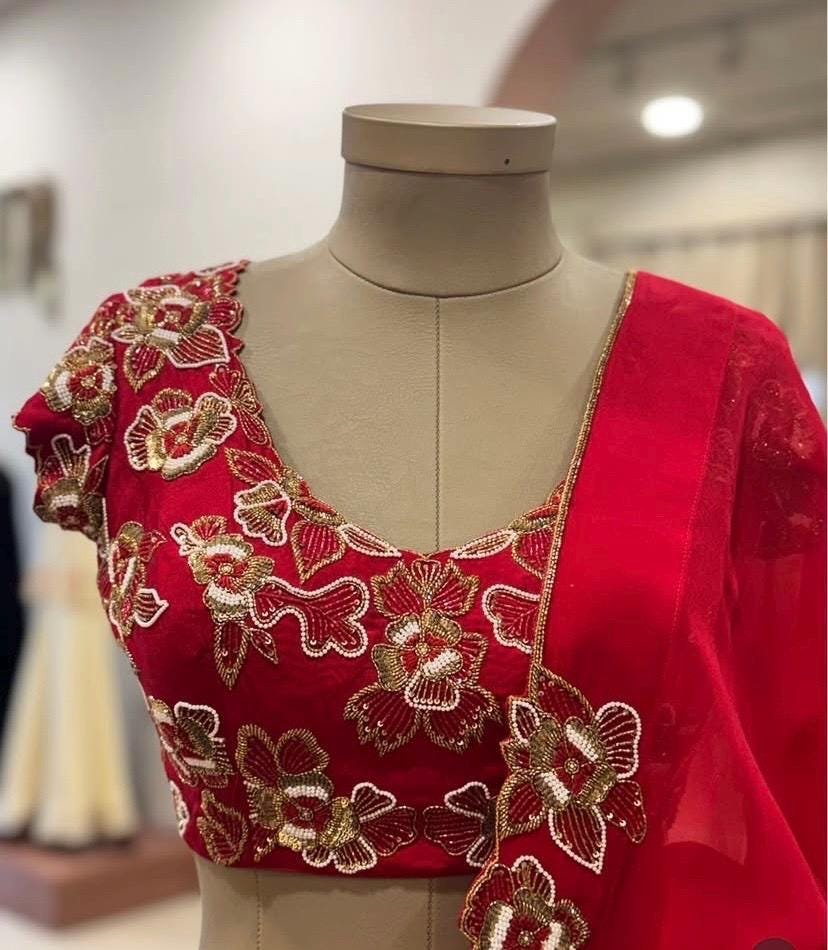 pure silk red sari set with hand embroidery blouse/saree with maggam blouse/red saree zardosi blouse/hand embroidered blouse organza saree