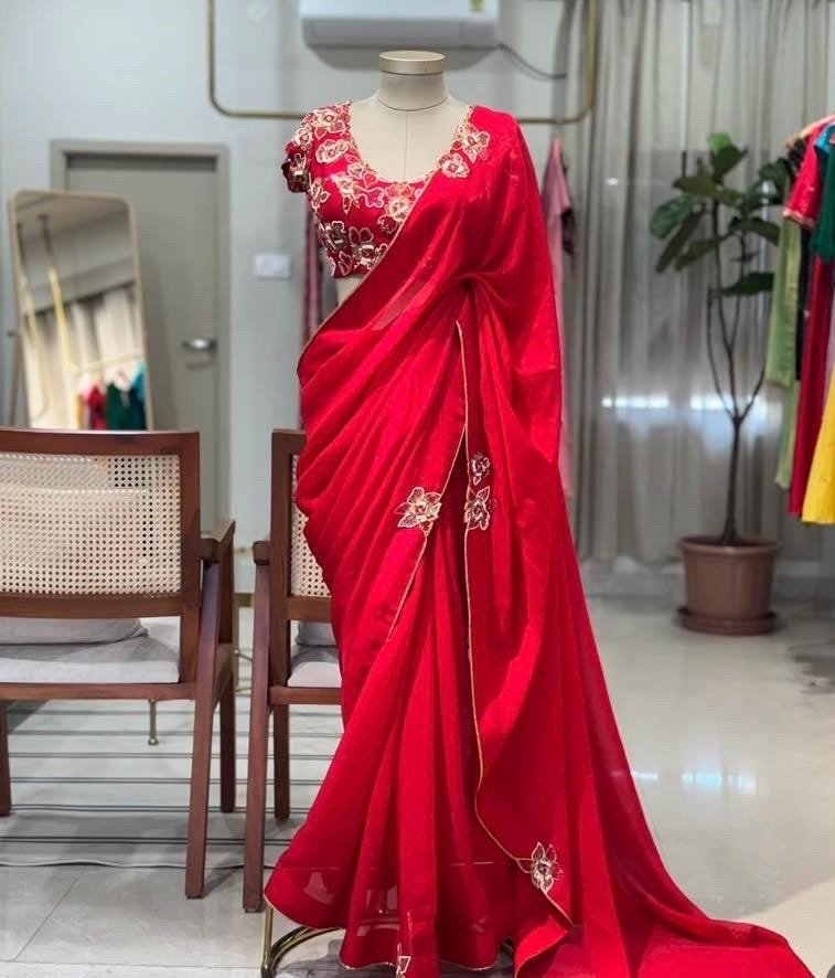 pure silk red sari set with hand embroidery blouse/saree with maggam blouse/red saree zardosi blouse/hand embroidered blouse organza saree
