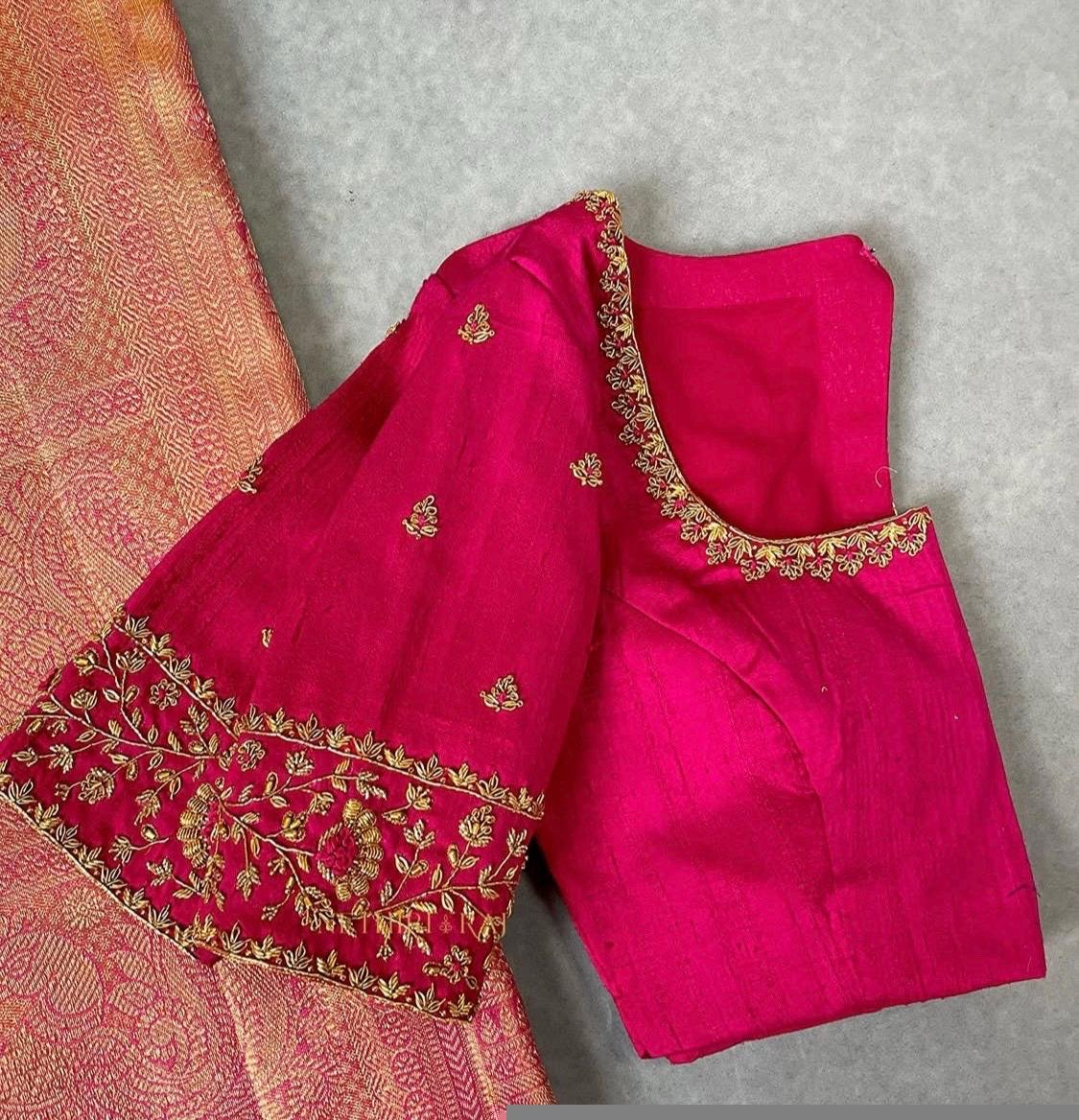 pure silk hand embroidery blouse/saree maggam blouse/purple zardosi blouse/hand embroidered blouse /magenta pink ready made blouse zardosi