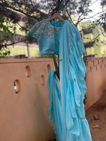 Ruffle saree with blouse/ green ruffle saree with stitched blouse/ saree belt with blouse / silk ruffle saree / saree with belt / belt sari