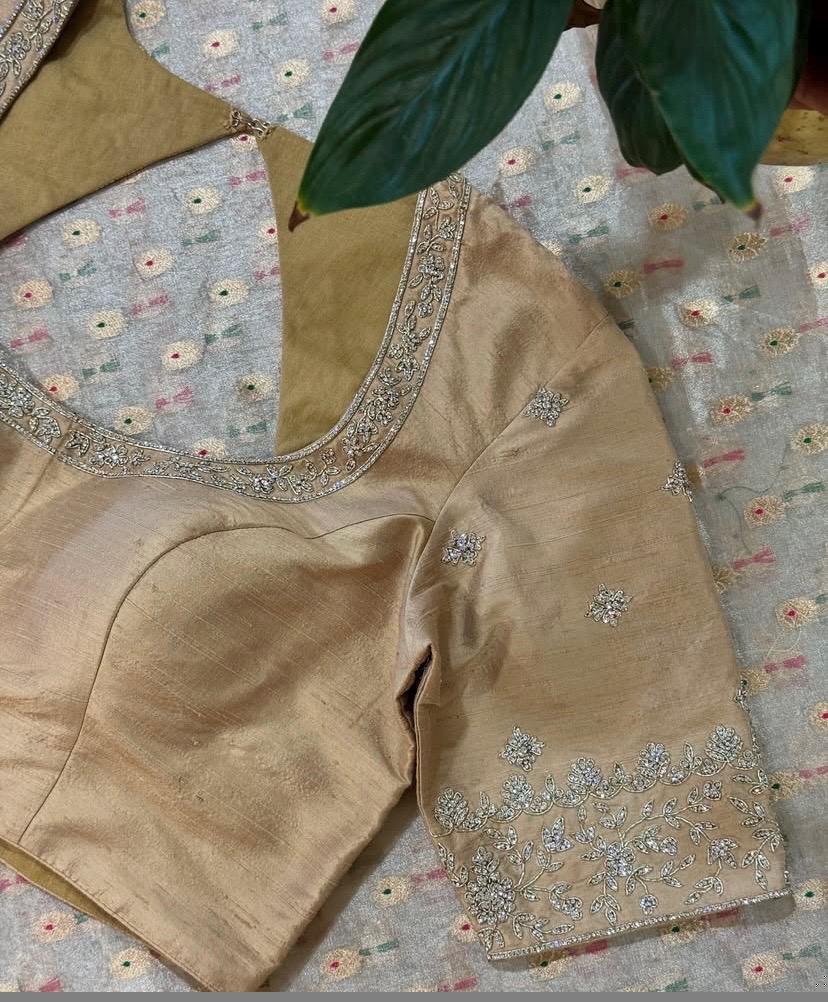 Hand Embroidered Silk Saree Blouse: Beige Zardosi Maggam Blouse,plus size blouses,tan color blouse,custom made saree blouses,indian sarees