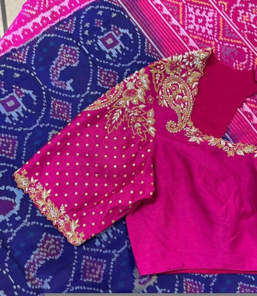 Hand Embroidered Silk Zardosi Blouse: Magenta Pink Maggam Work, pink hand work blouse , pink saree blouse, zardosi blouses , mix and match