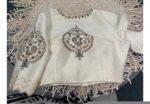 Hand Embroidered Zardosi Silk Blouse: Cream Maggam Work, Elbow Sleeves,cream saree blouse,patola blouse,mix and match blouse,plus size blous