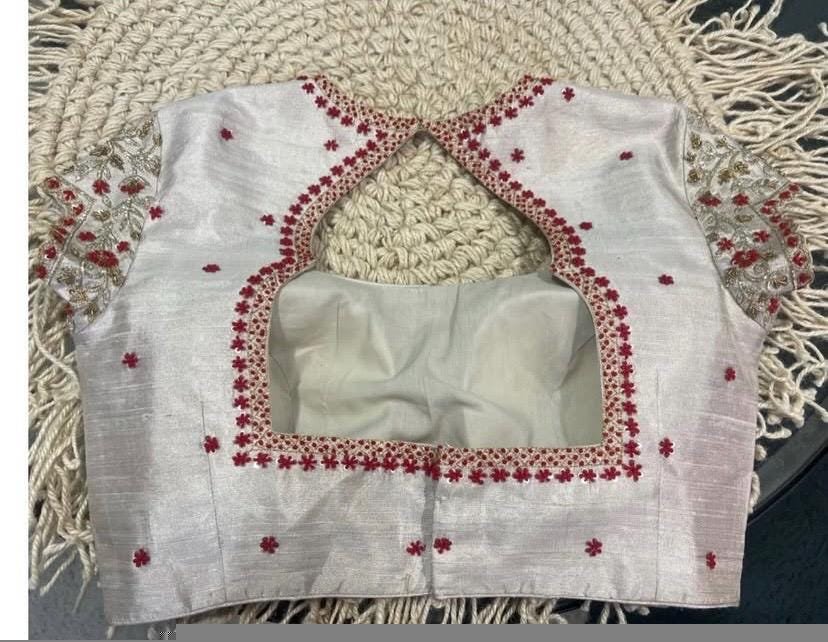 pure silk hand embroidery blouse/gray saree maggam blouse/light grey elbow sleeve blouse/hand embroidered blouse/raw silk ready made blouse
