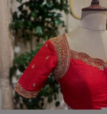 Hand Embroidered Red Silk Blouse: Zardosi Maggam Work, Elbow Sleeves,plus size blouses,red maggam blouse,red saree blouse,mix and match blou