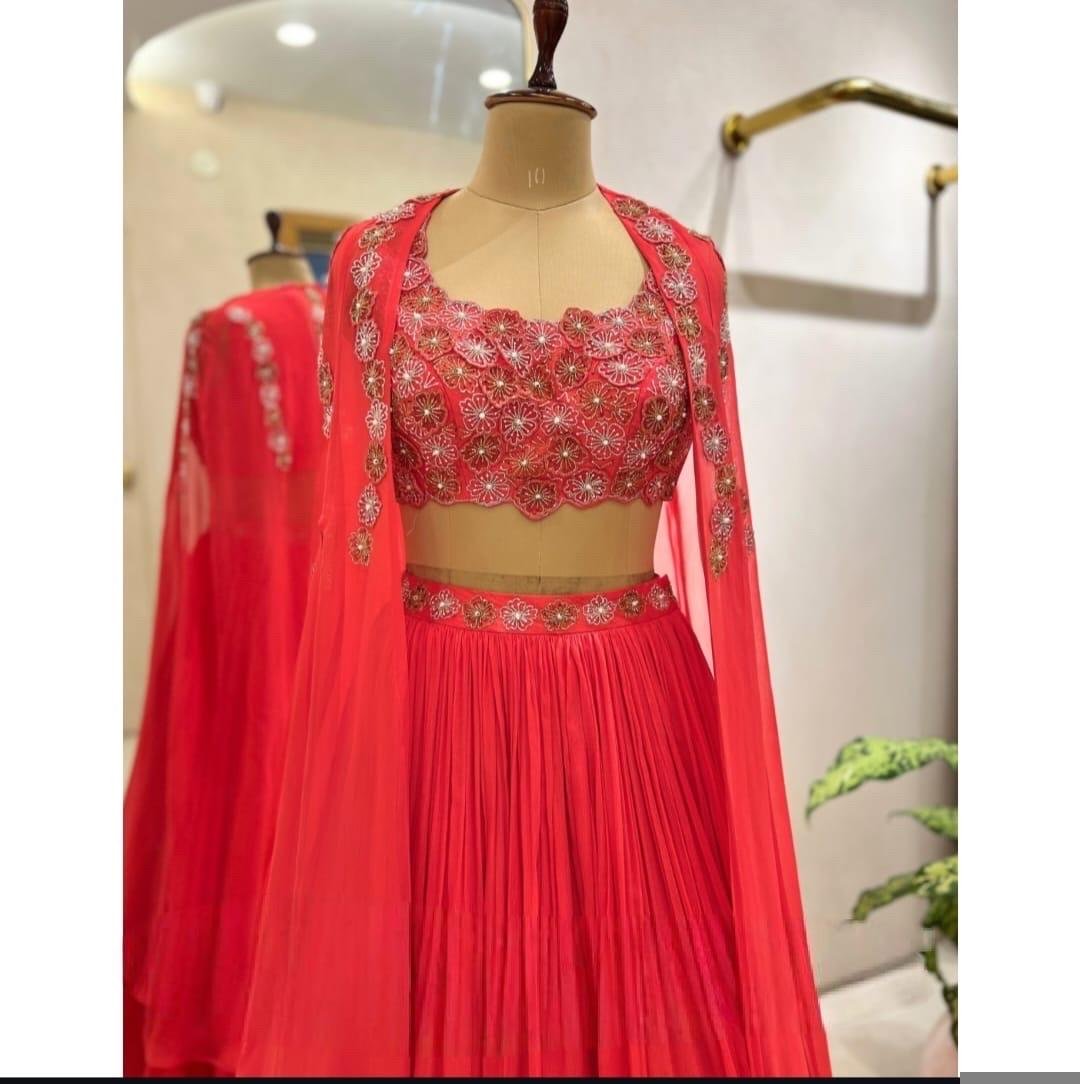 Lavender Lehenga Set: Hand Embroidered Silk Crop Top, Chinon Skirt,cape lehenga,lehenga with jacket,pure silk crop top skirt,lehenga choli
