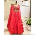 Lavender Lehenga Set: Hand Embroidered Silk Crop Top, Chinon Skirt,cape lehenga,lehenga with jacket,pure silk crop top skirt,lehenga choli