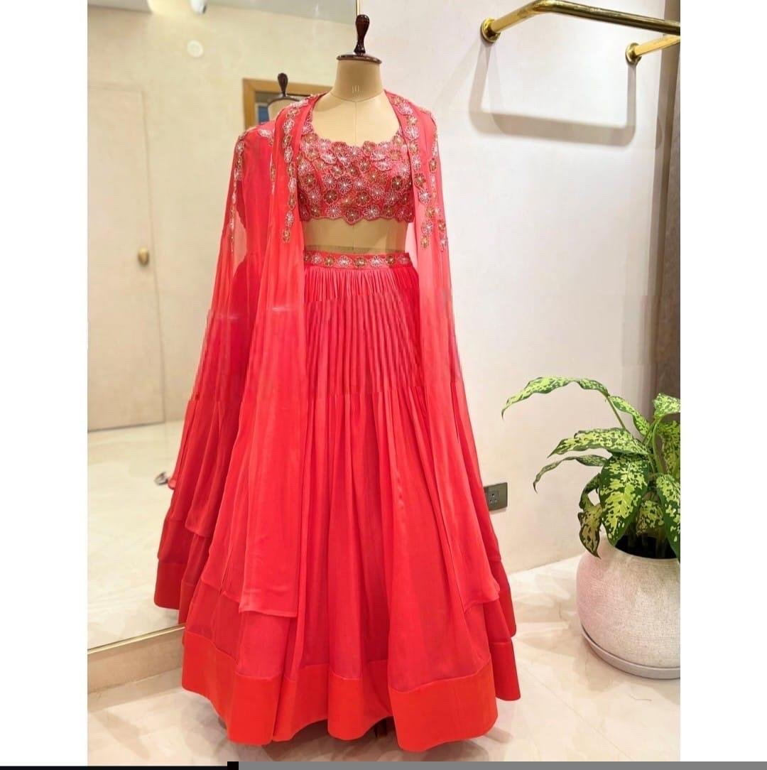 Lavender Lehenga Set: Hand Embroidered Silk Crop Top, Chinon Skirt,cape lehenga,lehenga with jacket,pure silk crop top skirt,lehenga choli