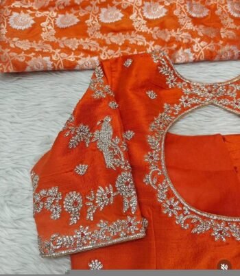 Hand Embroidered Zardosi Silk Blouse/Orange Maggam Work,hand work blouse,plus size blouses ,orange saree blouse,mix and match blouse