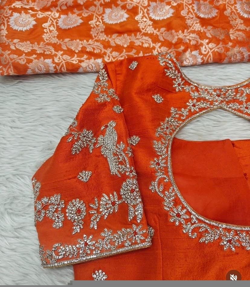 Hand Embroidered Zardosi Silk Blouse/Orange Maggam Work,hand work blouse,plus size blouses ,orange saree blouse,mix and match blouse USA