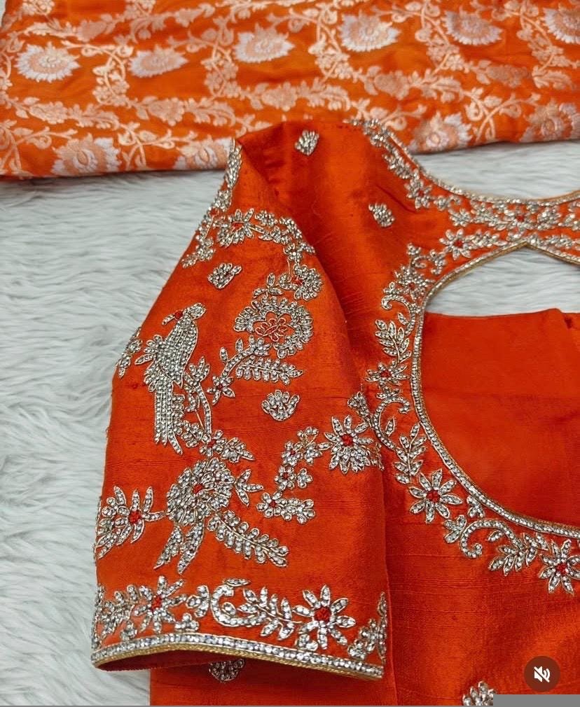 Hand Embroidered Zardosi Silk Blouse/Orange Maggam Work,hand work blouse,plus size blouses ,orange saree blouse,mix and match blouse USA