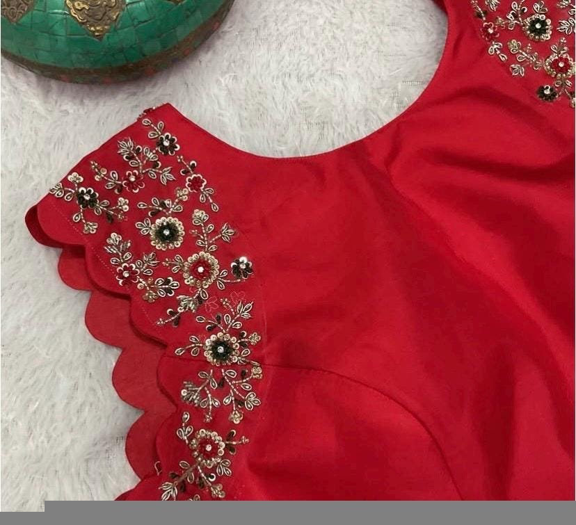 pure silk hand embroidery blouse /red maggam blouse/red raw silk zardosi blouse/hand embroidered blouse/red sleeveless ready made blouse usa