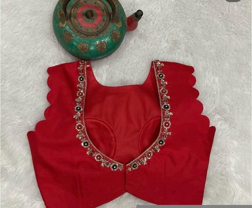 pure silk hand embroidery blouse /red maggam blouse/red raw silk zardosi blouse/hand embroidered blouse/red sleeveless ready made blouse usa