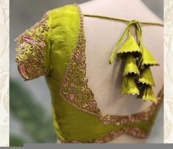 Hand Embroidered Zardosi Silk Blouse: Mehendi Green, Deep Neck blouse,mehendi green maggam blouse,mix and match blouse,plus size blouse