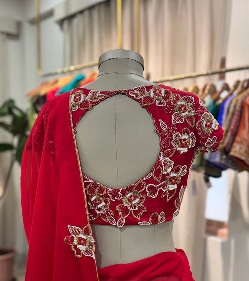 pure silk red sari set with hand embroidery blouse/saree with maggam blouse/red saree zardosi blouse/hand embroidered blouse organza saree