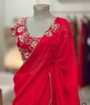 pure silk red sari set with hand embroidery blouse/saree with maggam blouse/red saree zardosi blouse/hand embroidered blouse organza saree