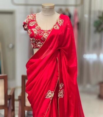 pure silk red sari set with hand embroidery blouse/saree with maggam blouse/red saree zardosi blouse/hand embroidered blouse organza saree