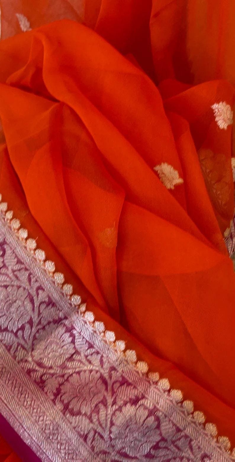 Pure handloom khaddi georgette orange pink silk saree |heritage silk saree/banarasi silk saree | banarasi chiffon saree | pink banarasi usa