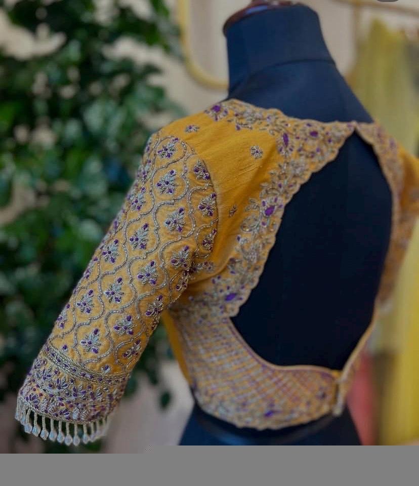 pure silk hand embroidery blouse/saree maggam blouse/yellow zardosi blouse/hand embroidered blouse /mustard yellow ready made blouse zardosi
