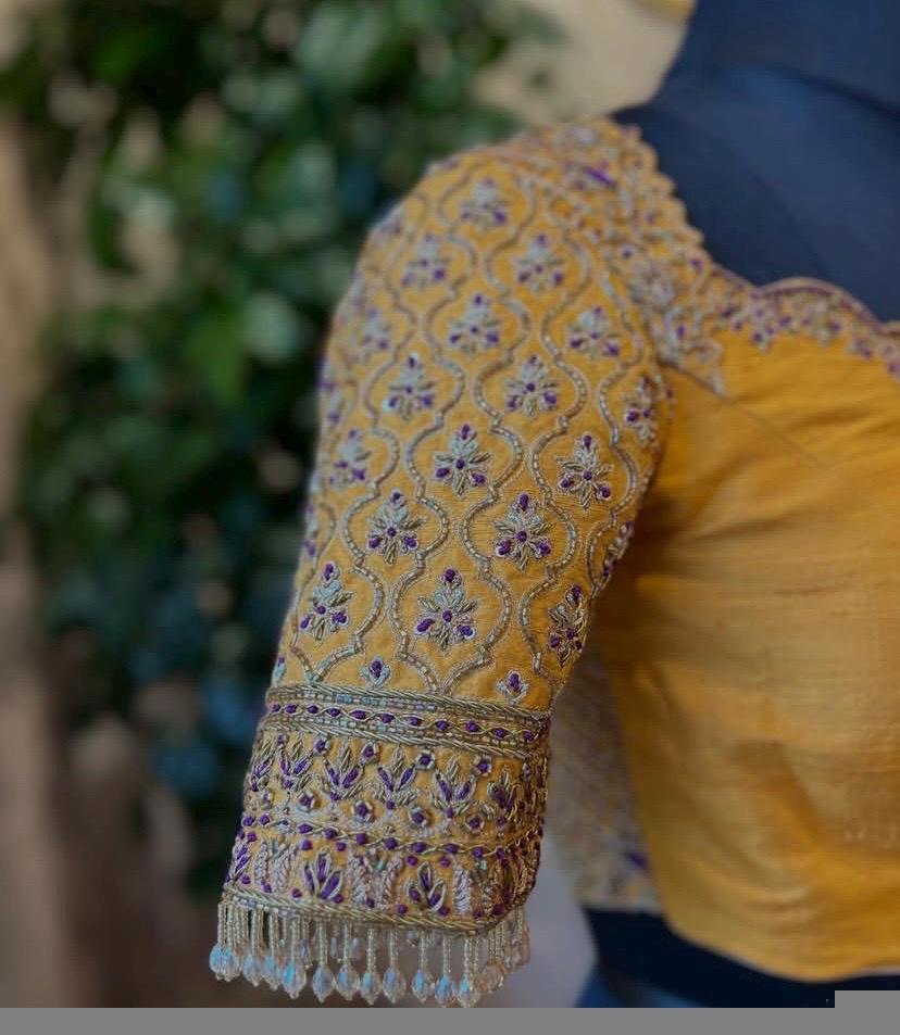 pure silk hand embroidery blouse/saree maggam blouse/yellow zardosi blouse/hand embroidered blouse /mustard yellow ready made blouse zardosi