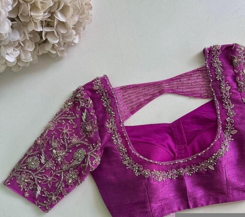 pure silk hand embroidery blouse/light pink maggam blouse/pink hand embroidered blouse/pink ready made blouse zardosi/pink lavender blouse