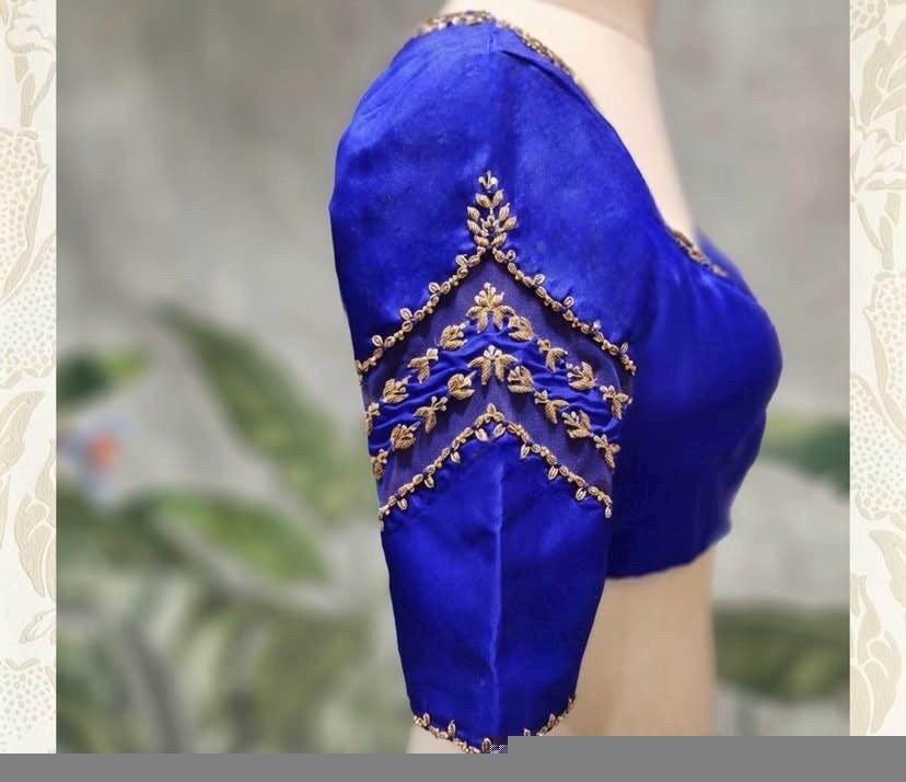 pure silk hand embroidery blouse/ saree maggam blouse/ zardosi blouse usa/hand embroidered moderblouse/blue ready made blouse zardosi usa