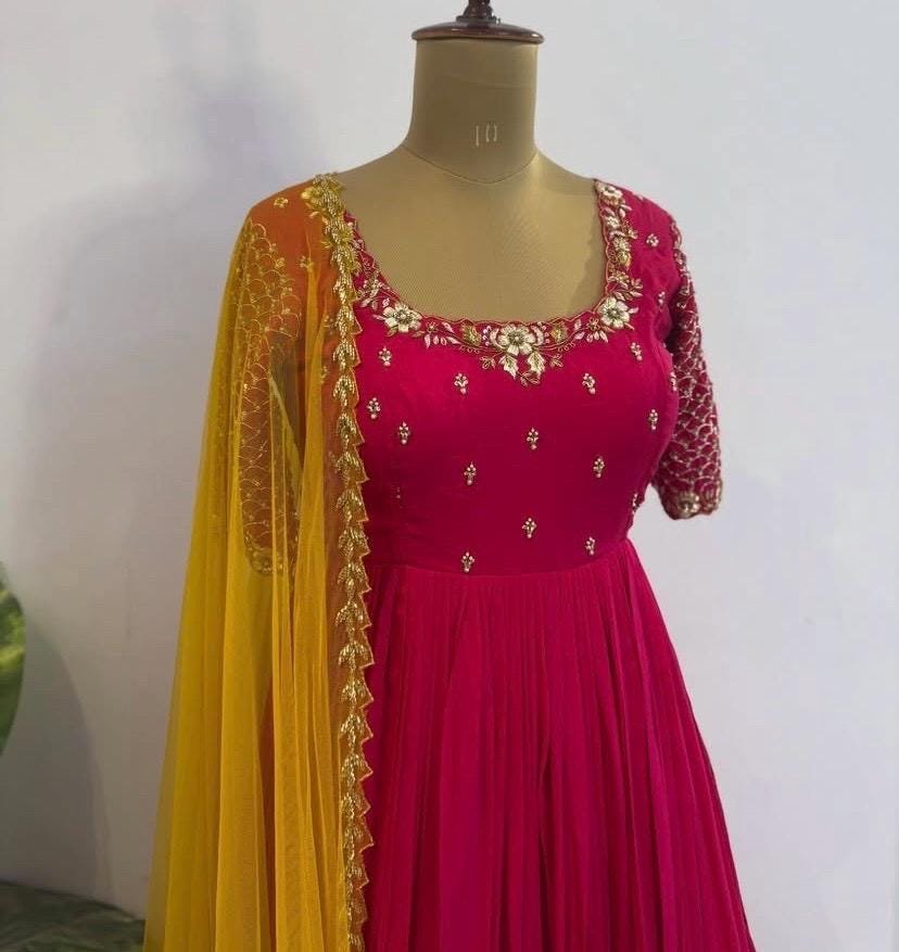 Anarkali suit usa/anarkali pink kurta shor sleeve/pink sleeve anarkali/pink yellow anarkali/heavy hand embroidered anarkali with dupatta usa