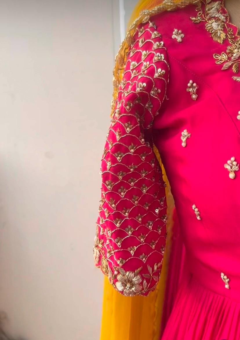 Anarkali suit usa/anarkali pink kurta shor sleeve/pink sleeve anarkali/pink yellow anarkali/heavy hand embroidered anarkali with dupatta usa