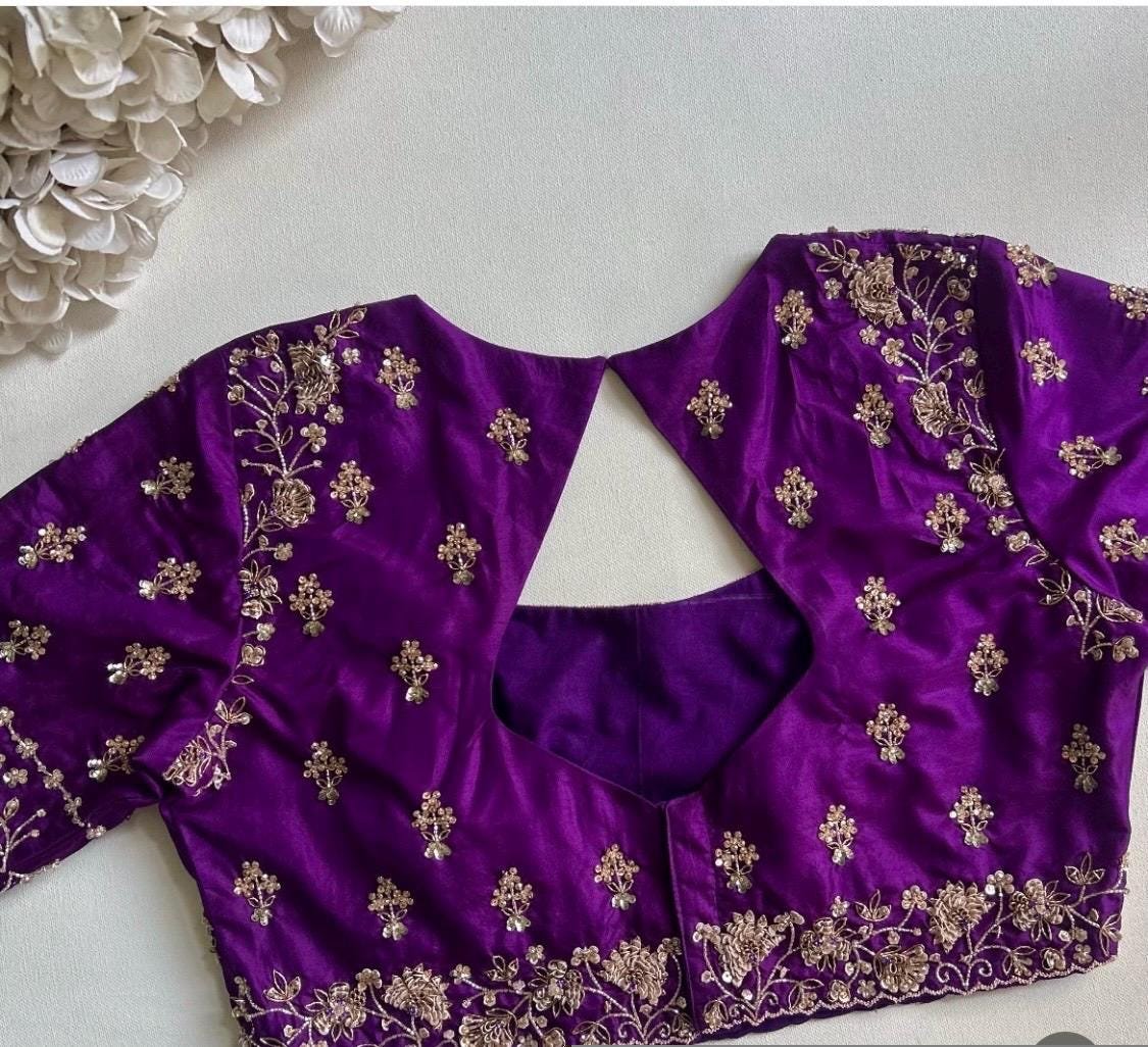 pure silk hand embroidery blouse/saree maggam blouse/purple zardosi blouse usa/hand embroidered moderblouse/purple ready made blouse zardosi