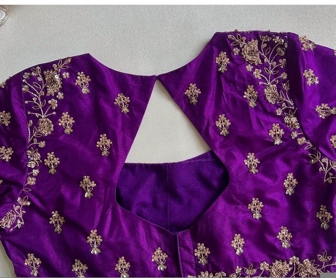 pure silk hand embroidery blouse/saree maggam blouse/purple zardosi blouse usa/hand embroidered moderblouse/purple ready made blouse zardosi