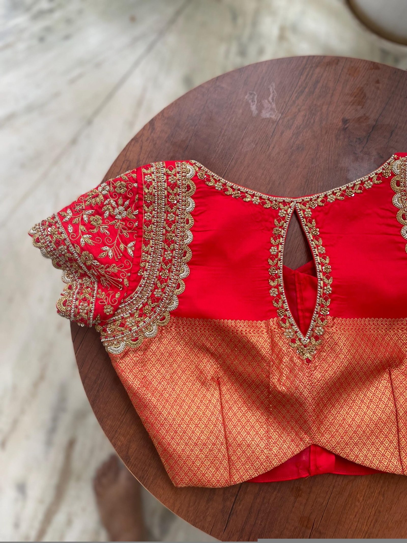 Hand Embroidered Red Silk Blouse: Zardosi Maggam Work, Elbow Sleeves,plus size blouses,red maggam blouse,red saree blouse,mix and match blou