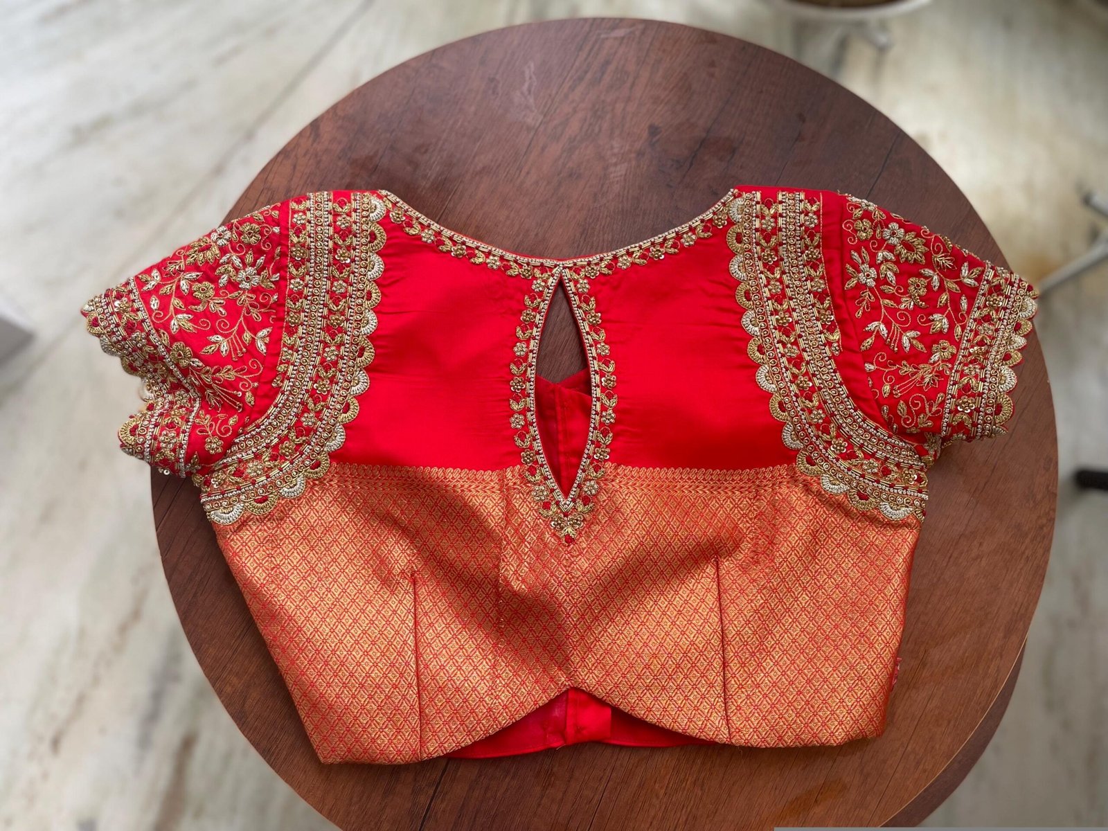 Hand Embroidered Red Silk Blouse: Zardosi Maggam Work, Elbow Sleeves,plus size blouses,red maggam blouse,red saree blouse,mix and match blou