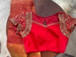 Hand Embroidered Red Silk Blouse: Zardosi Maggam Work, Elbow Sleeves,plus size blouses,red maggam blouse,red saree blouse,mix and match blou