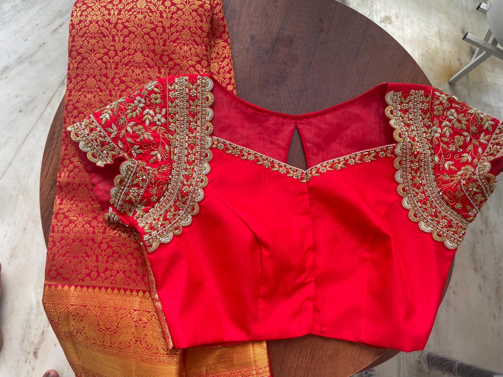 Hand Embroidered Red Silk Blouse: Zardosi Maggam Work, Elbow Sleeves,plus size blouses,red maggam blouse,red saree blouse,mix and match blou