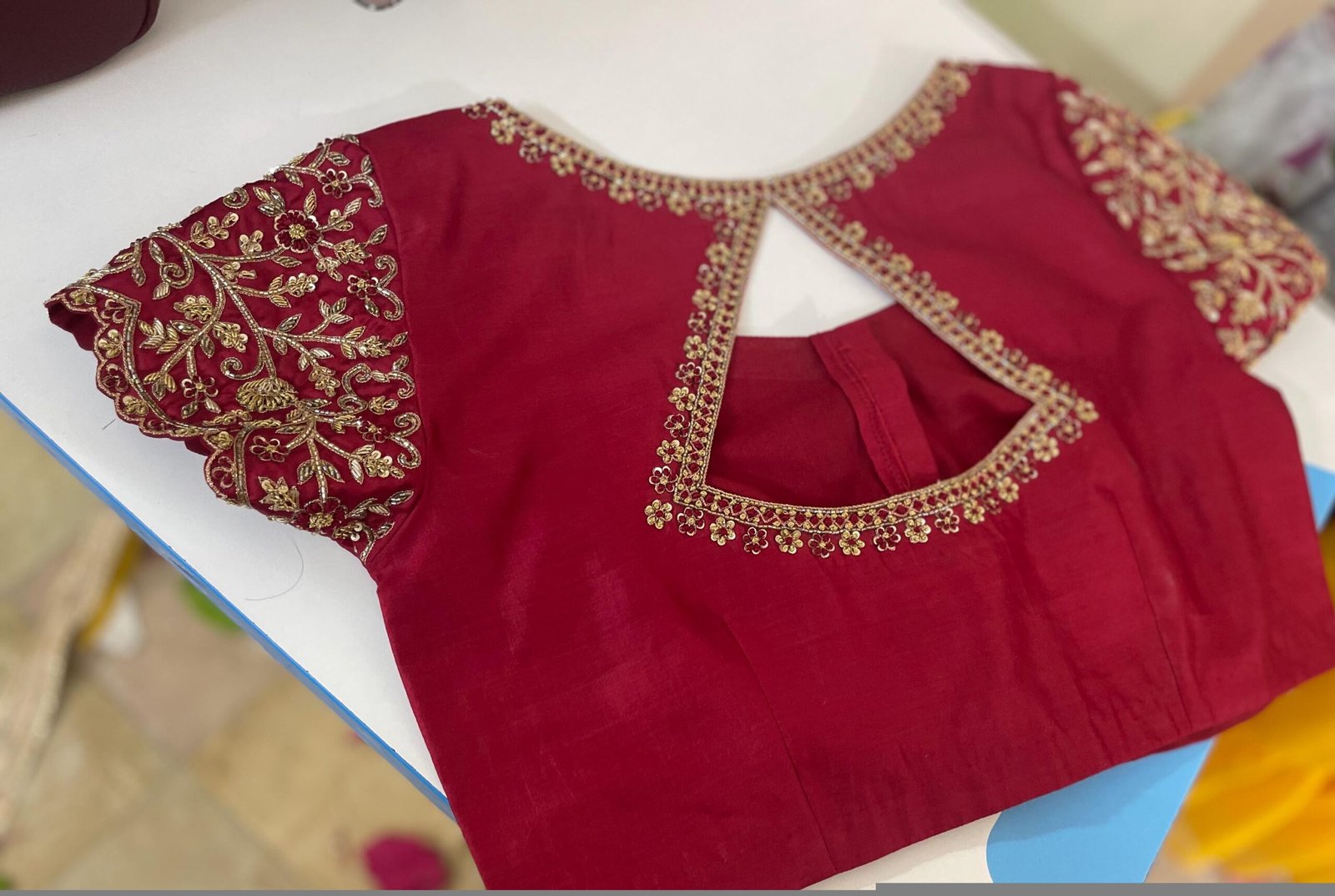 pure silk hand embroidery blouse/saree maggam blouse/maroon red raw silk zardosi blouse/hand embroidered blouse/ready made blouse zardosi/