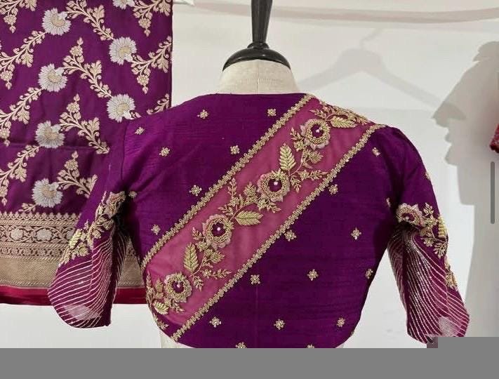 purple silk hand embroidery blouse/purple maggam blouse/silk zardosi blouse/hand embroidered blouse/purple pink ready made blouse zardosi