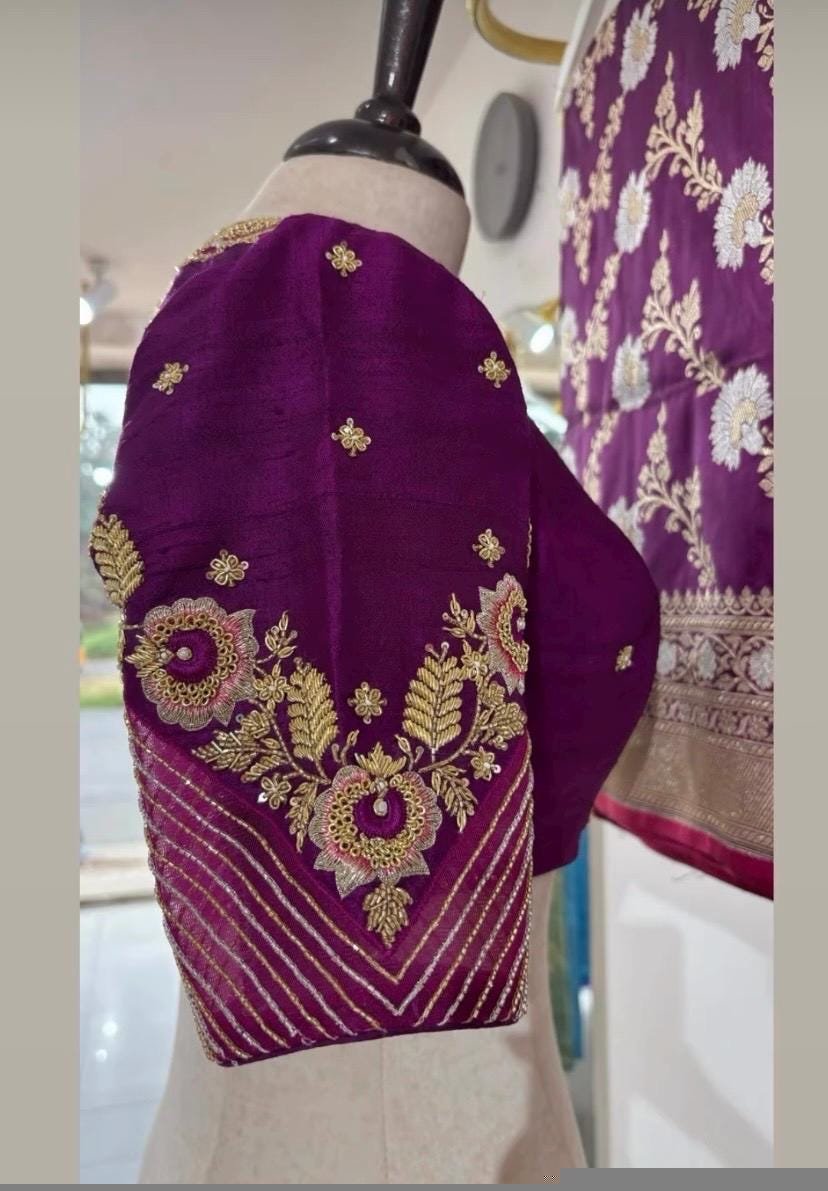 purple silk hand embroidery blouse/purple maggam blouse/silk zardosi blouse/hand embroidered blouse/purple pink ready made blouse zardosi