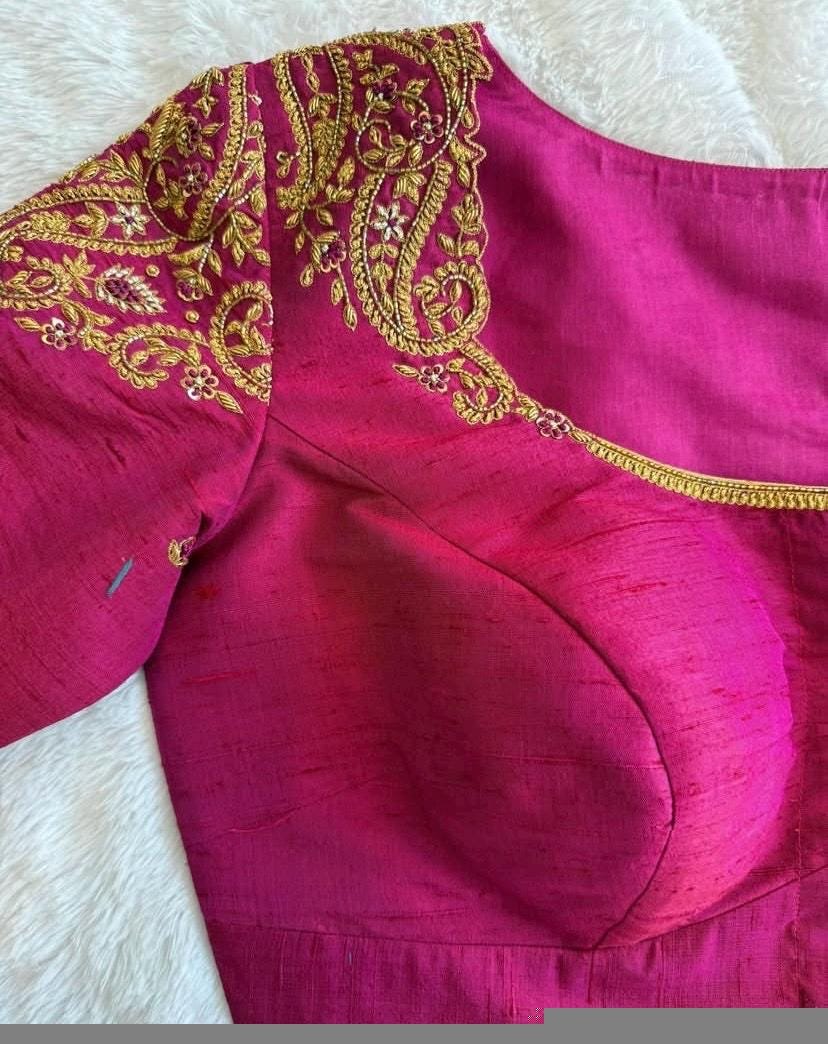 pure silk hand embroidery blouse/saree maggam blouse/red zardosi blouse/pink hand embroidered moderblouse/pink ready made blouse zardosi usa
