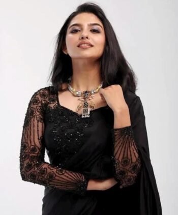Pure silk cocktailsaree/black sari with hand embroidery/satin silk saree with designer net blouse/black saree/party saree/full sleeve blouse