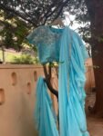 Ruffle saree with blouse/ green ruffle saree with stitched blouse/ saree belt with blouse / silk ruffle saree / saree with belt / belt sari