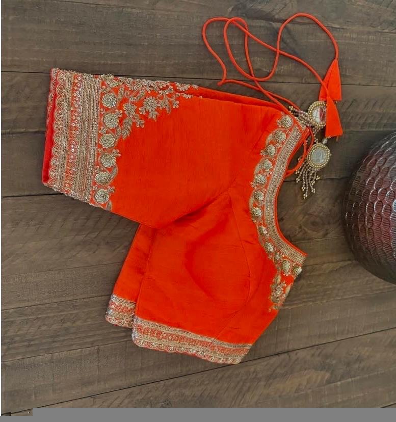 Orange silk hand embroidery blouse/orange saree maggam blouse/orange saree blouse/simplehand embroidered blouse/orange ready made blouse zar