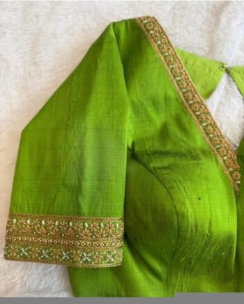 Hand Embroidered Zardosi Blouse: Parrot Green Raw Silk Saree Top,green maggam blouse,mehendi green blouse,mix and match blouse,plus size