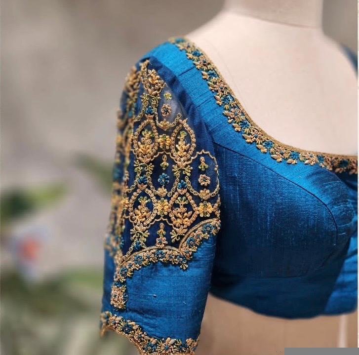 pure silk hand embroidery blouse/blue maggam blouse /raw silk zardosi blouse/blue hand embroidered blouse/designer readymade handwork blouse