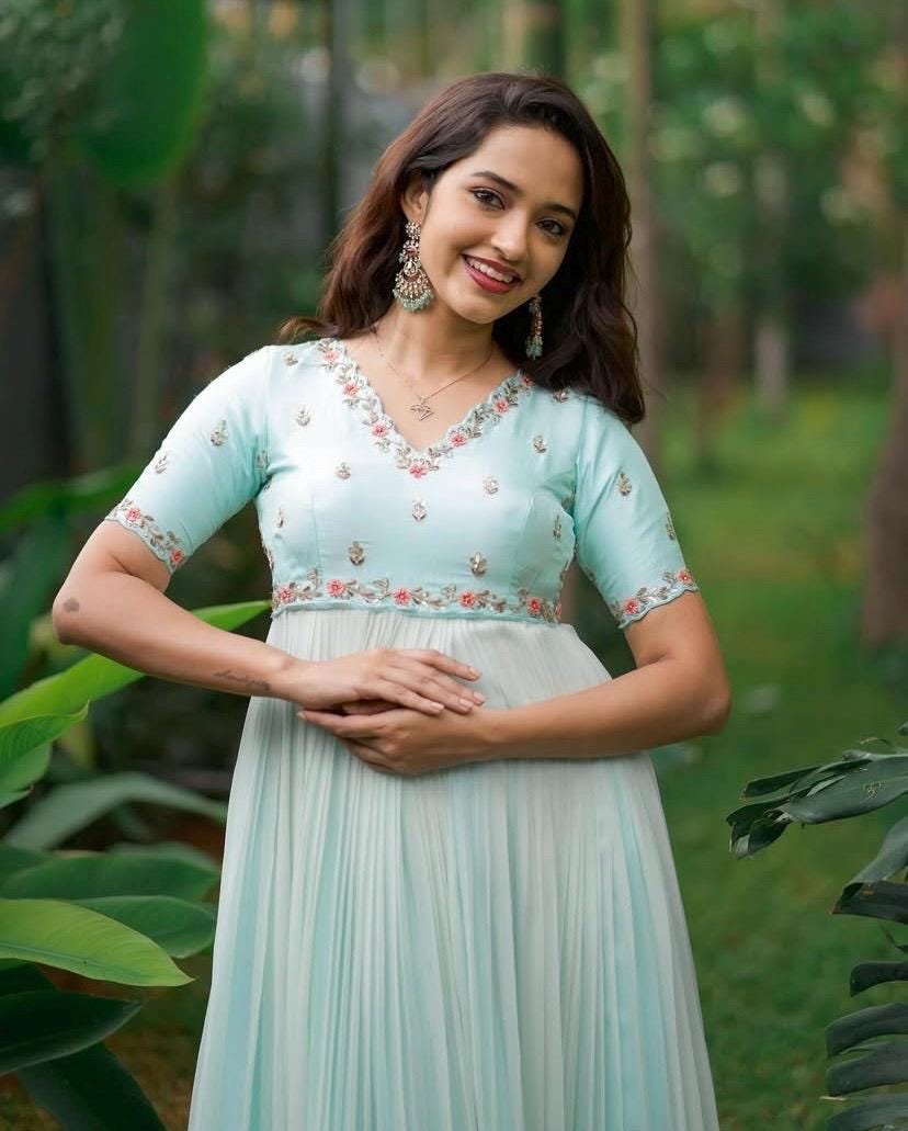 Blue Georgette Anarkali Suit/Hand Embroidered Anarkali Dress/ice blue anarkali kurta/simple anarkali dress/festive outfit/handwork kurta usa