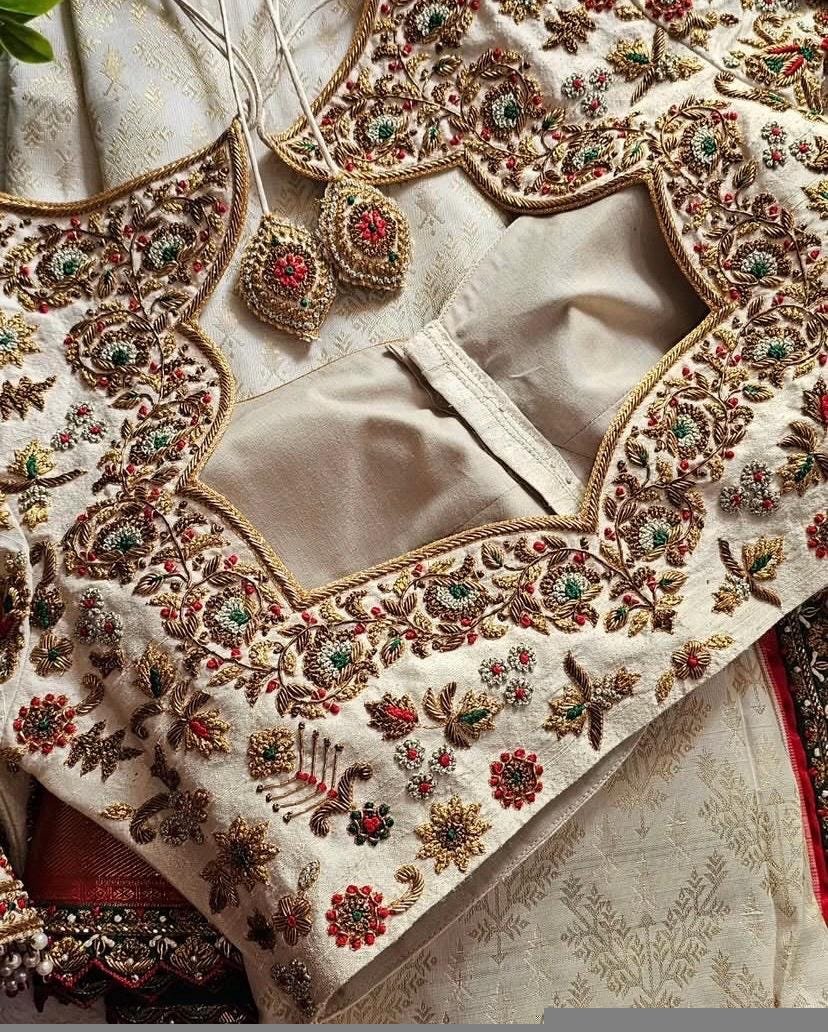 pure silk hand embroidery blouse/cream saree maggam blouse/raw silk zardosi blouse/hand embroidered blouse/cream ready made blouse zardosi