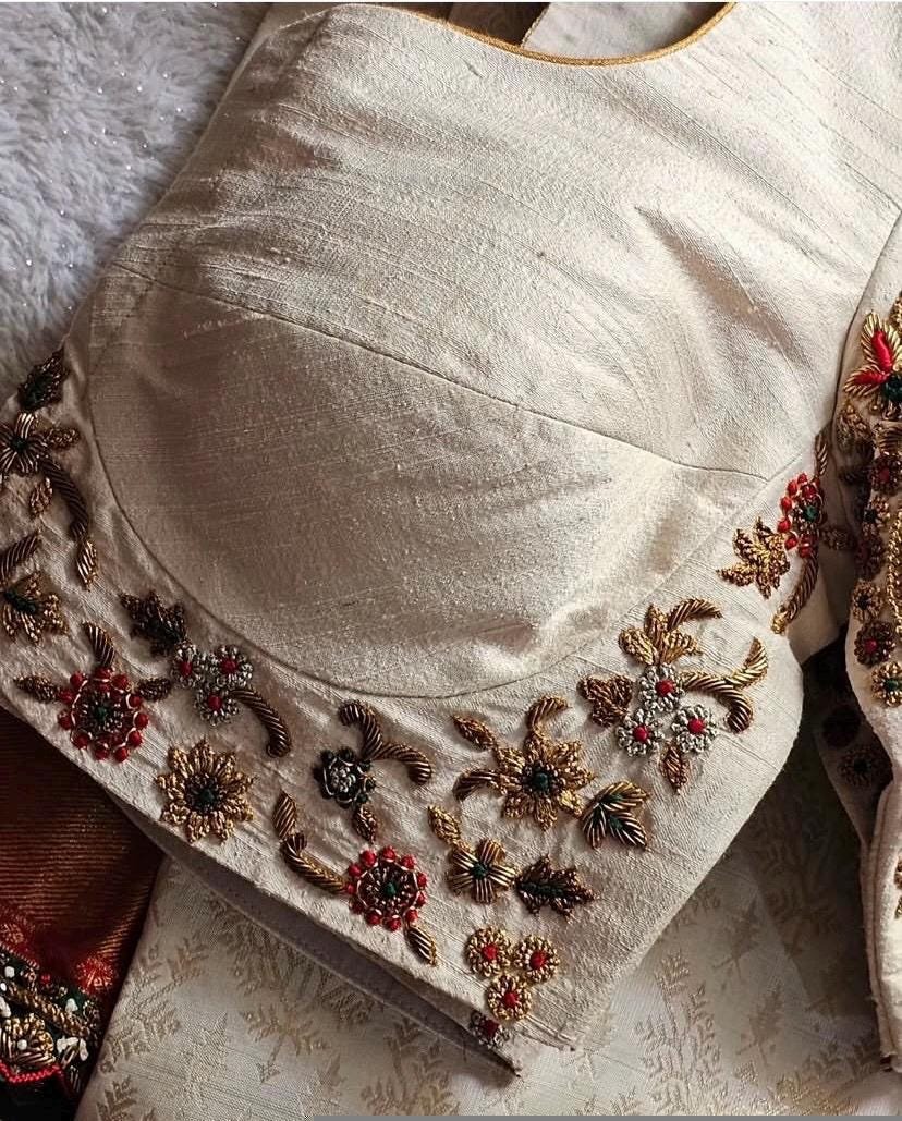 pure silk hand embroidery blouse/cream saree maggam blouse/raw silk zardosi blouse/hand embroidered blouse/cream ready made blouse zardosi