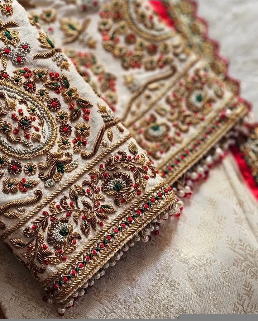 pure silk hand embroidery blouse/cream saree maggam blouse/raw silk zardosi blouse/hand embroidered blouse/cream ready made blouse zardosi